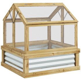 Outsunny Raised Garden Bed with Polycarbonate Greenhouse, Garden Wooden Cold Frame Greenhouse Flower Planter Protection, Peak Roof