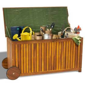 57 Gallon Outdoor Wood Storage Container with 2 Wheels, 2 in 1 Mutifunctional Garden Storage Bench Pool Deck Box