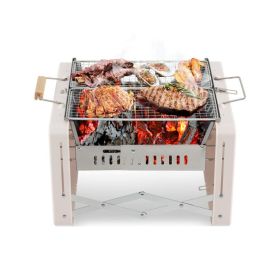 Outdoor Portable Folding Charcoal BBQ Grill Stove (Color: Beige & Silver, Type: BBQ Grill)