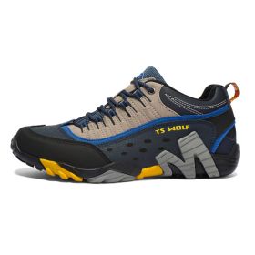 Outdoor Lover Trekking Shoes Men Waterproof Hiking Shoes Mountain Boots Genuine Leather Woodland Hunting Tactical Shoes (Color: Men-Dark blue-Yellow, size: 45)