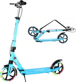 LED Light Up Large Wheels Scooter for Kids Ages 6-12 and Adults with Handbrake;  Kick Scooters for Teens 12 Years and Up with Carry Strap and Bell (Color: Blue)