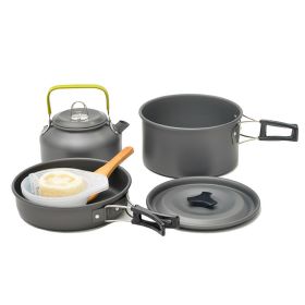 Outdoor portable 2-3 person camping stove cover pot picnic cooker non stick pot teapot combination set including tableware (Colour: black)