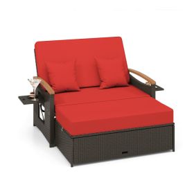 Outdoor Wicker Daybed with Folding Panels and Storage Ottoman (Color: Red)