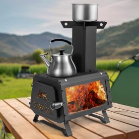 Portable Wood Camping Burning Stove Heater with 2 Cooking Positions (Color: Black)